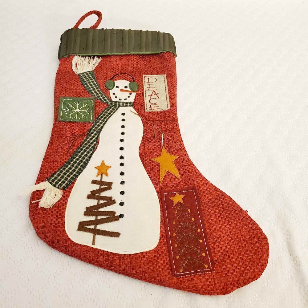 Red Burlap Snowman Patched Christmas Stocking